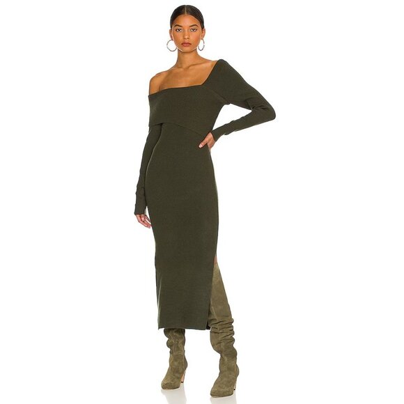Line & Dot Sylvie Midi Sweater Dress in Olive Green - Picture 1 of 4